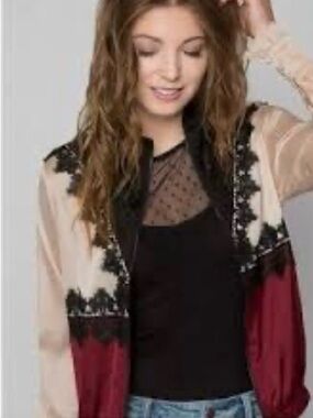 gimmicks by BKE Satin Bomber Jacket - Blush, Black & Burgundy